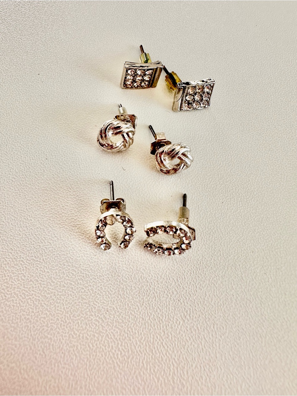 Silver Tone Crystal Stud Earring Set - 3 Pairs